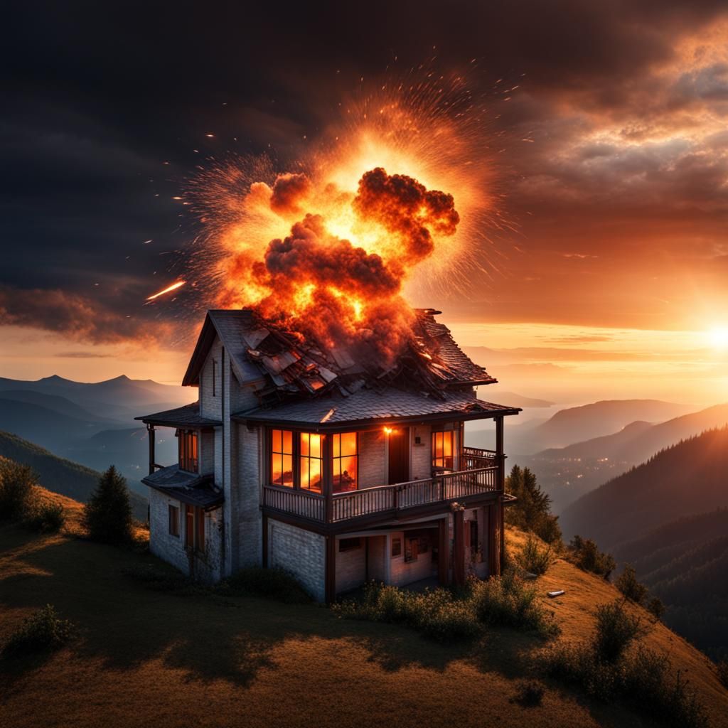 Hyperrealistic House Explosion at Sunset