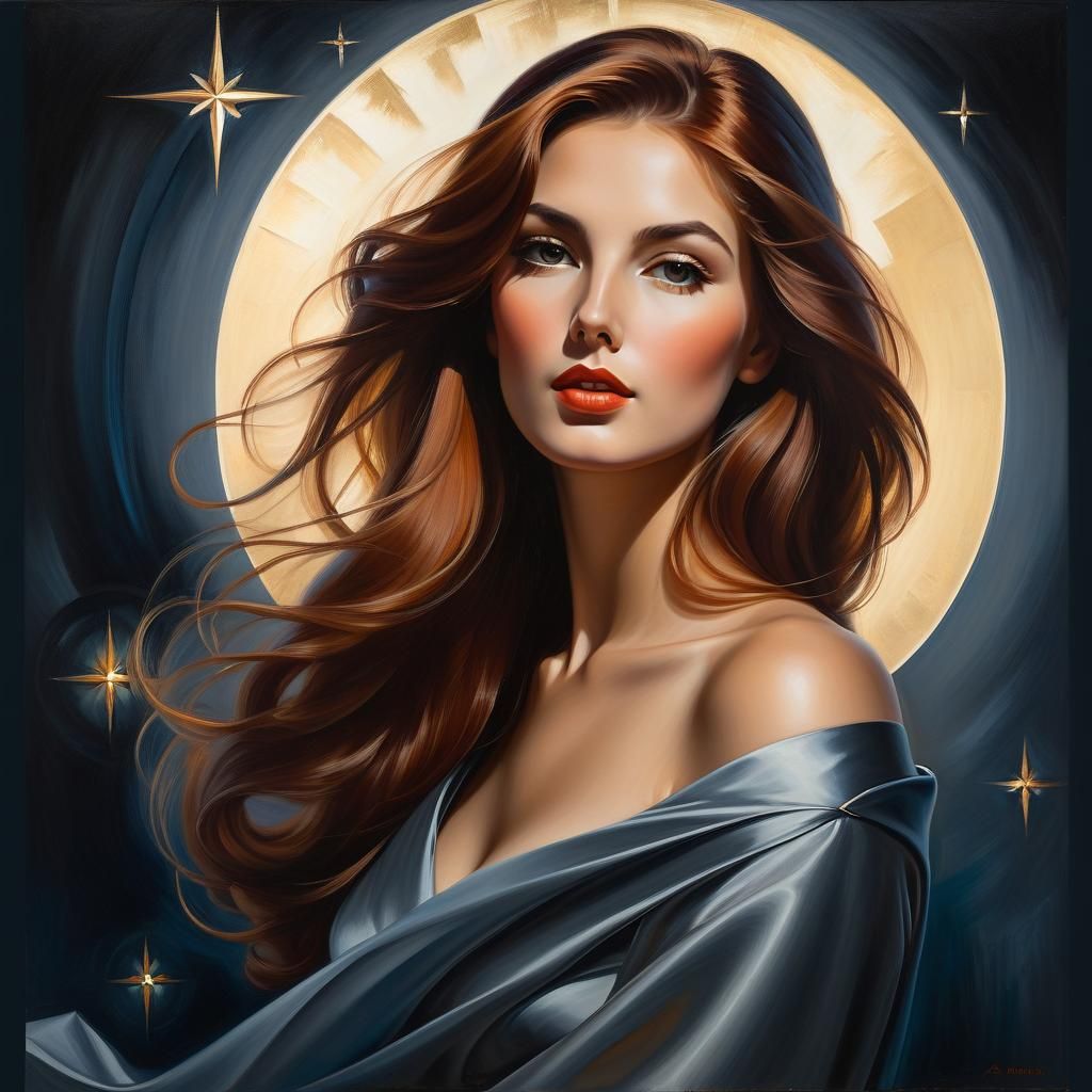 Striking Oil Painting of Graceful Woman with Auburn Hair