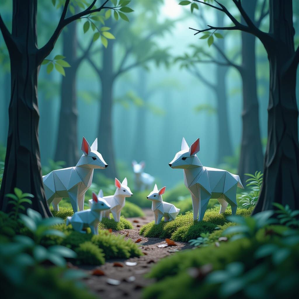 Origami Forest With Paper Animals in Cinematic Lighting