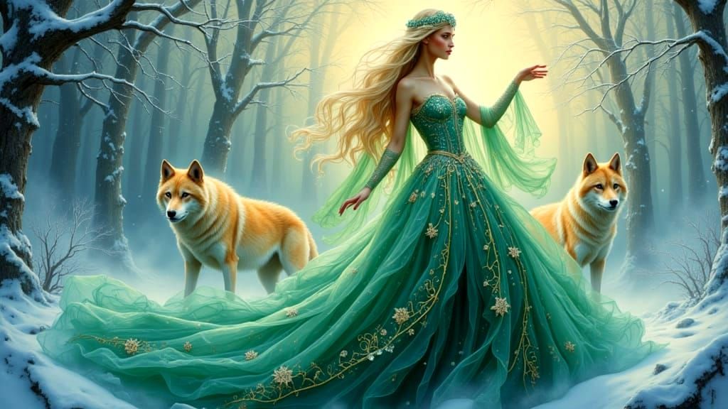 <lora:Surrealiste:1.0> Une représentation captivante d'un paysage  avec la femme aux loups.