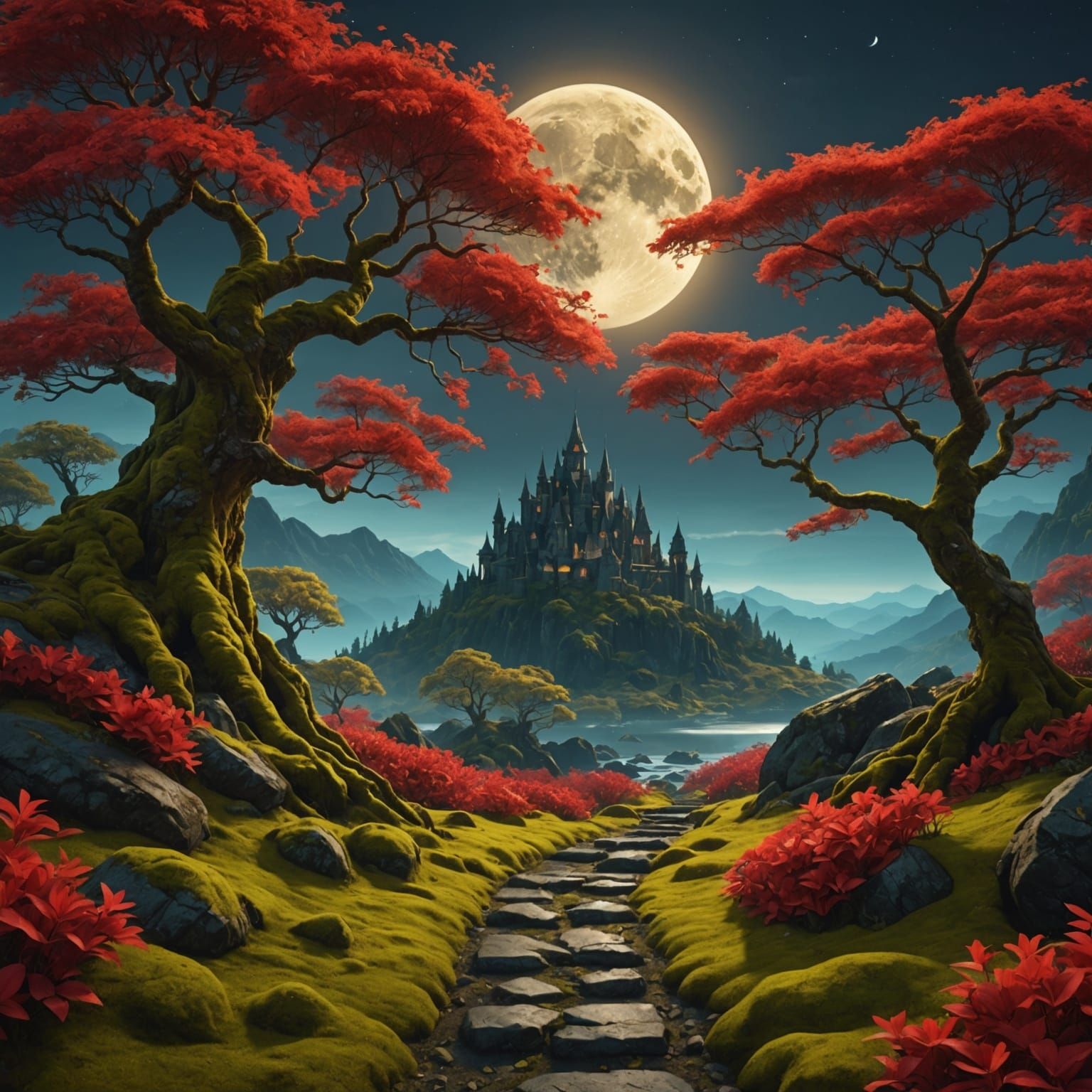 Fantasy Landscape with Golden Trees and Glowing Flora