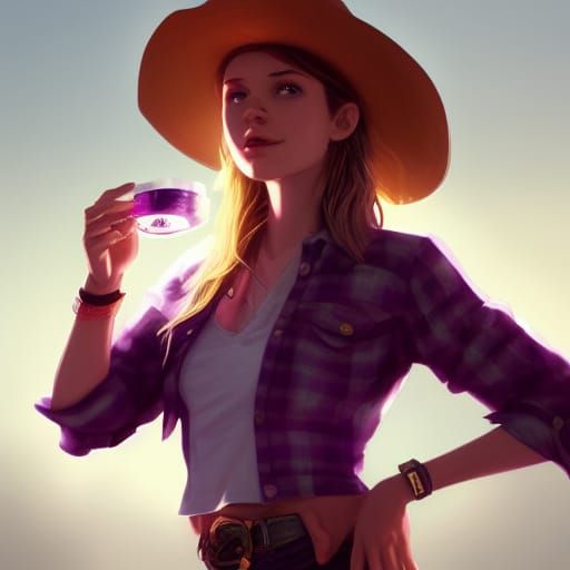 Cartoon Cowgirl Drinking Vodka in Orange and Teal