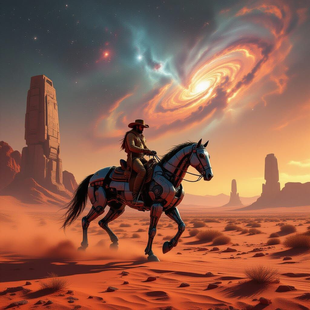 Cowboy on Biomechanical Horse in Crimson Desert Nebula Sky