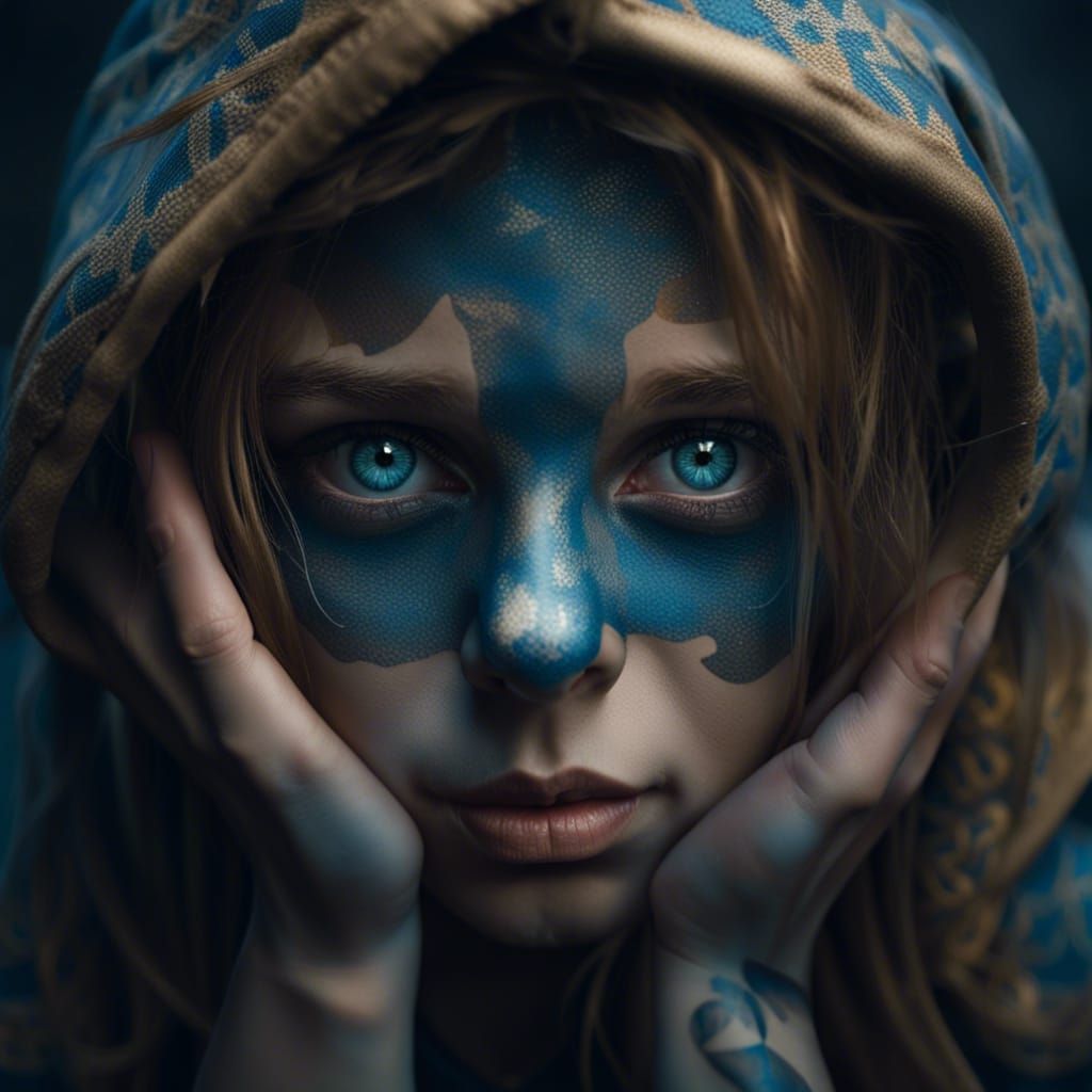 Blue-Eyed Woman Hiding Fear: A Hyperdetailed Portrait