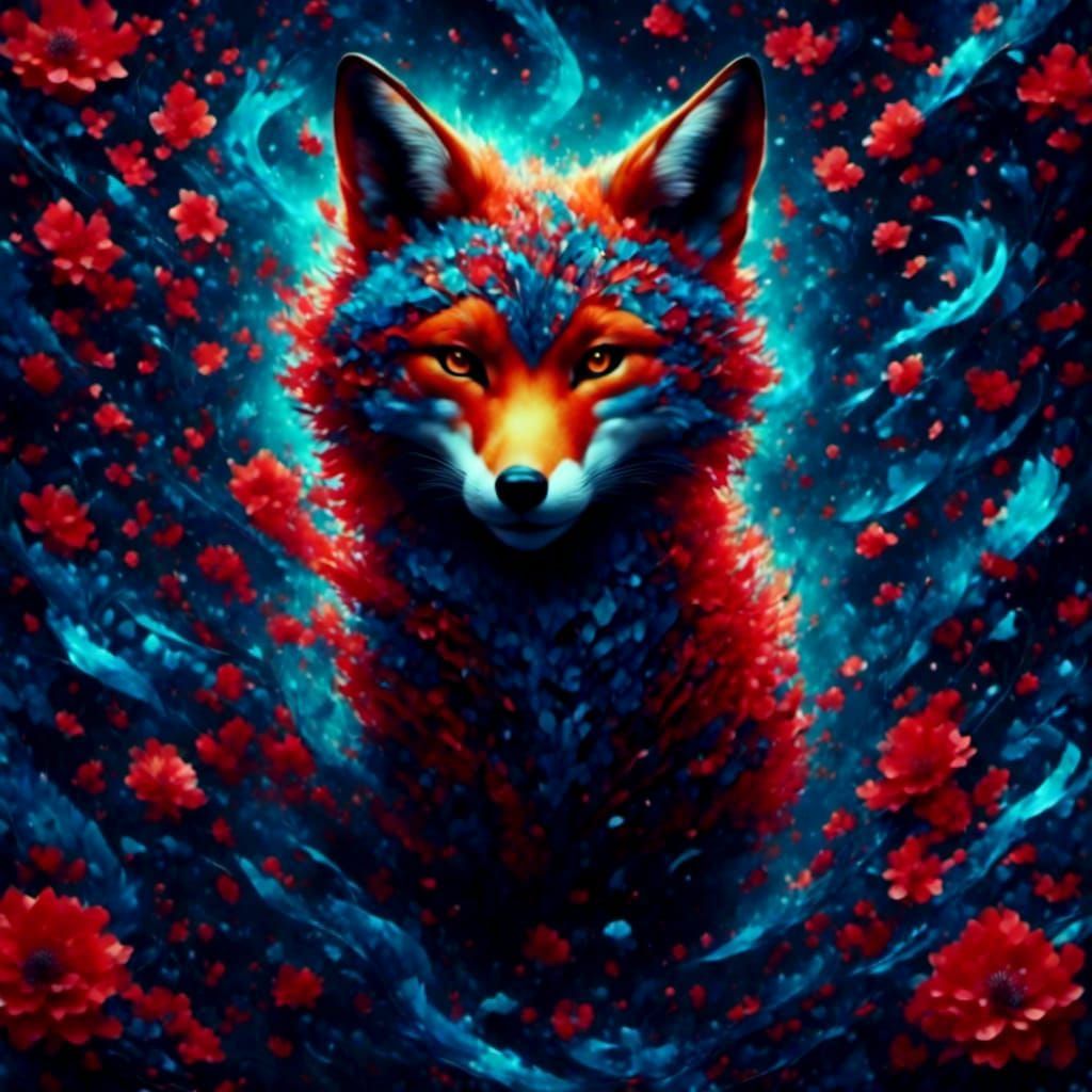 Flaming Red Fox with Blue Swirls