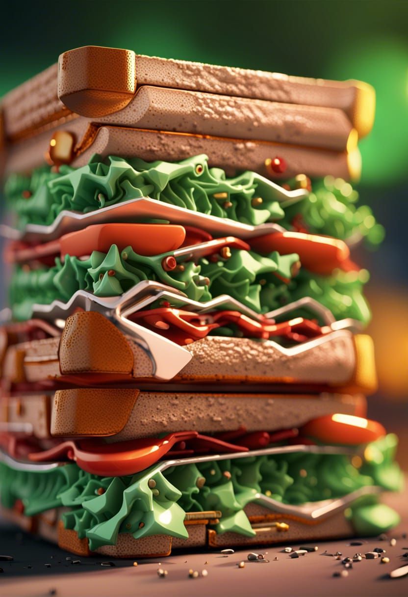 Sandwich, intricate mech details, ground level shot, 8K resolution, Cinema 4D, Behance HD, polished metal, Unreal Engine...