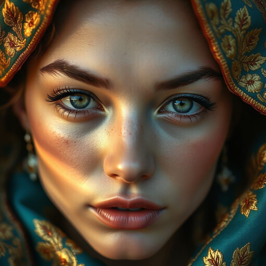 Hyper-Realistic Portrait of a Woman with Teal Eyes and Elega...