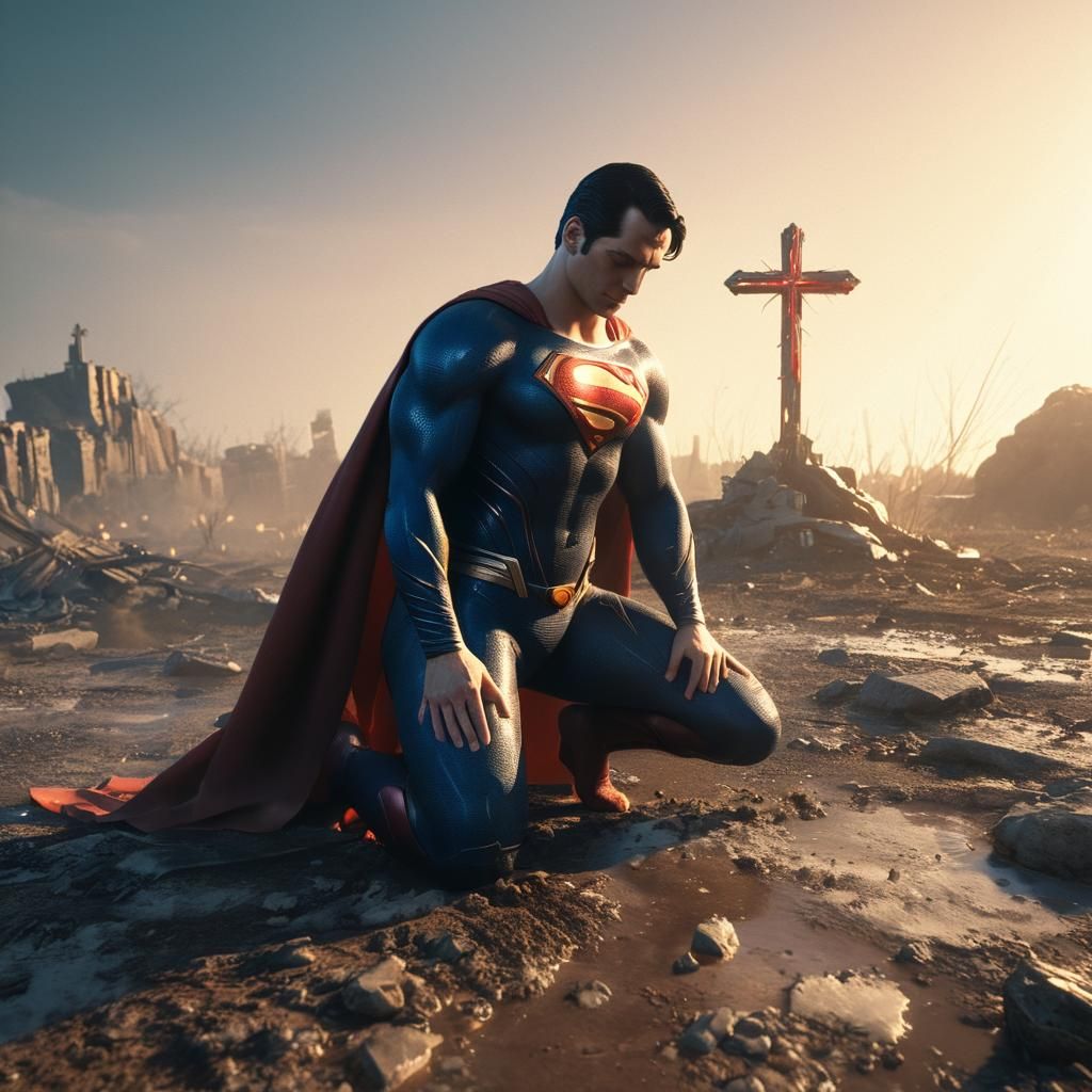 Superman kneeling before the glorious holy cross on a battlefield
