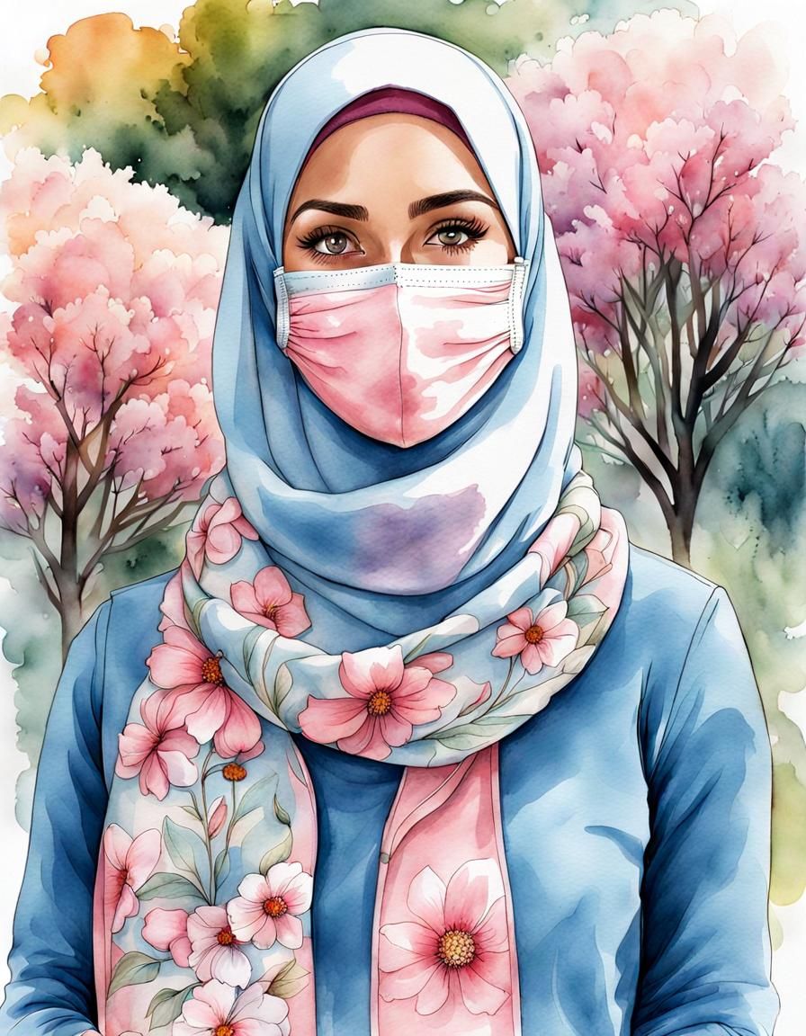 Curvy Hijabi Woman with Flowered Facemask in Watercolor