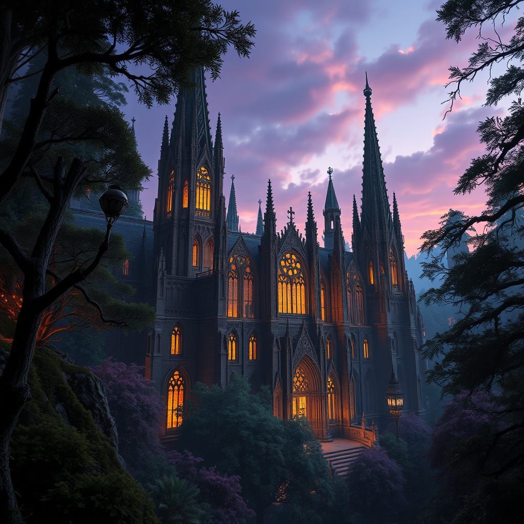 Gothic Cathedral in Ancient Forest, Dark Fantasy Style