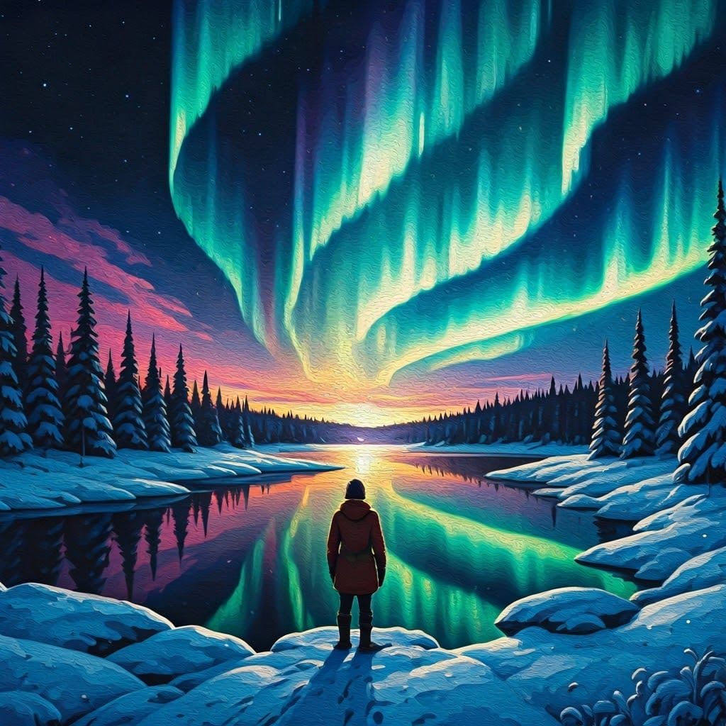 Aurora Borealis Reflection on Frozen Lake as Impasto Paintin...