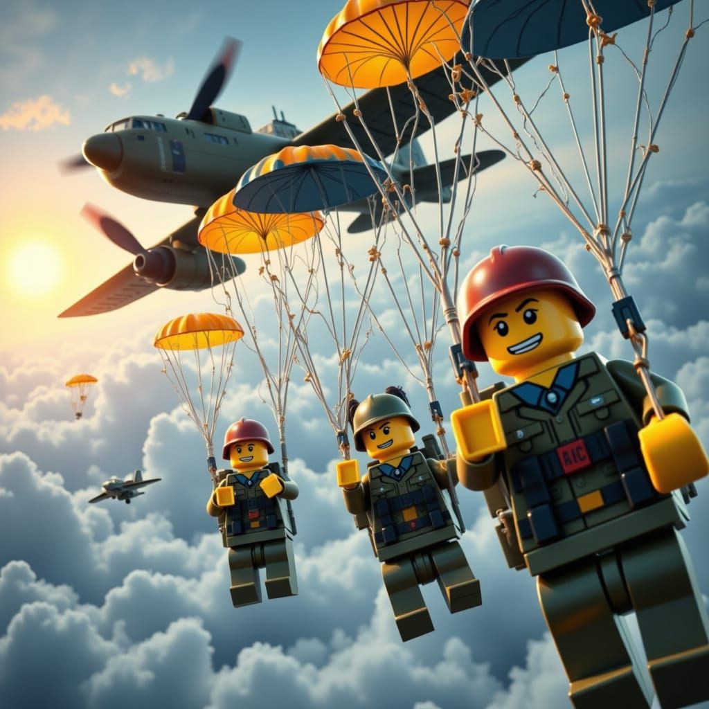<lora:Lego action:1.0> Lego paratroopers, parachuting from war plane over enemy lines, cinematic. LEGO