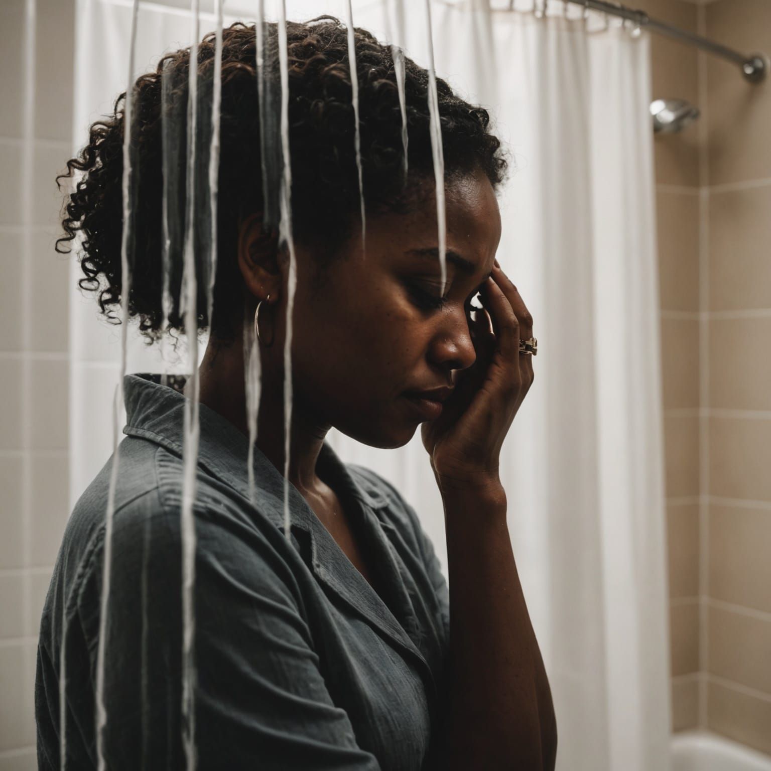 Silhouette of a Crying Woman Behind Curtain