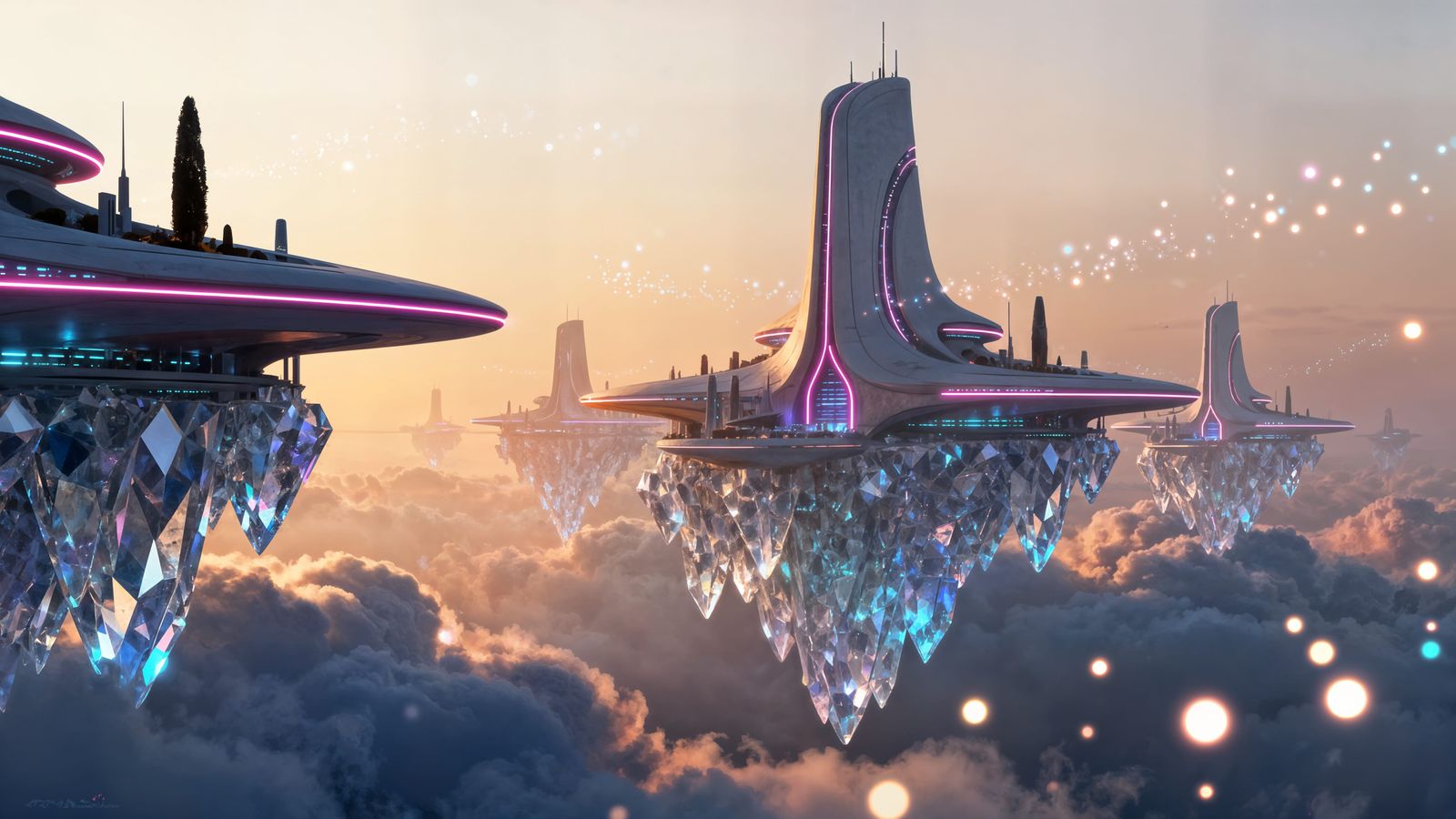 Futuristic Cityscape on Clouds with Neon Lights