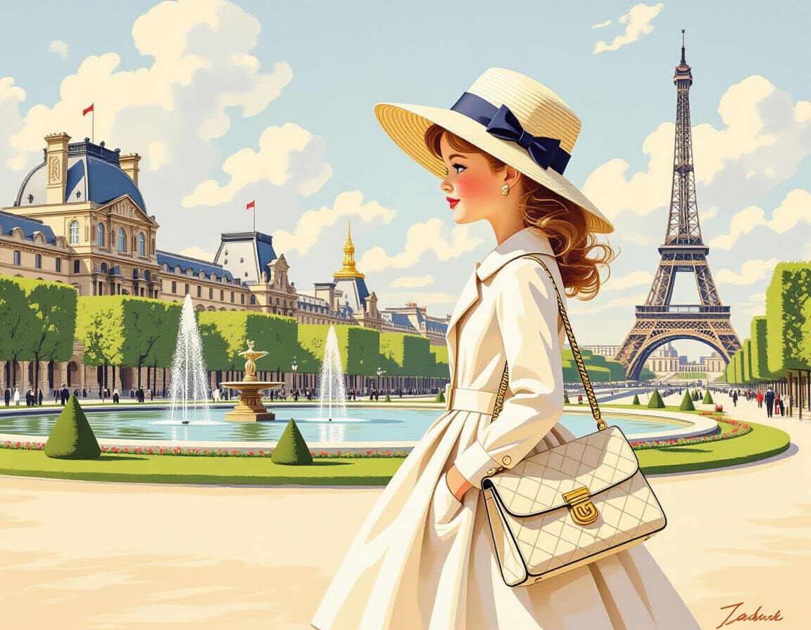 Elegant Girl Strolls Through Tuileries Garden in Paris