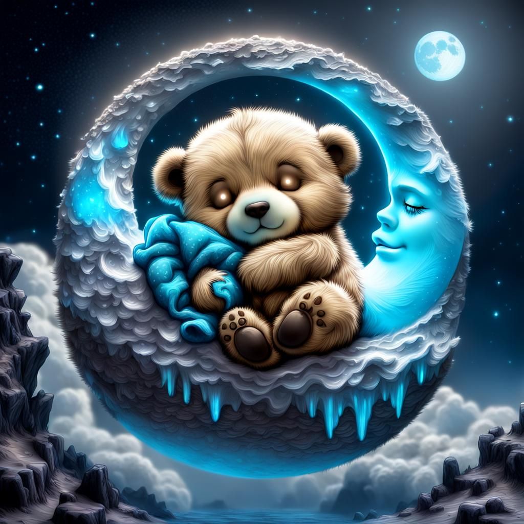 Chibi Fluffy Bear Asleep on Bioluminescent Moon