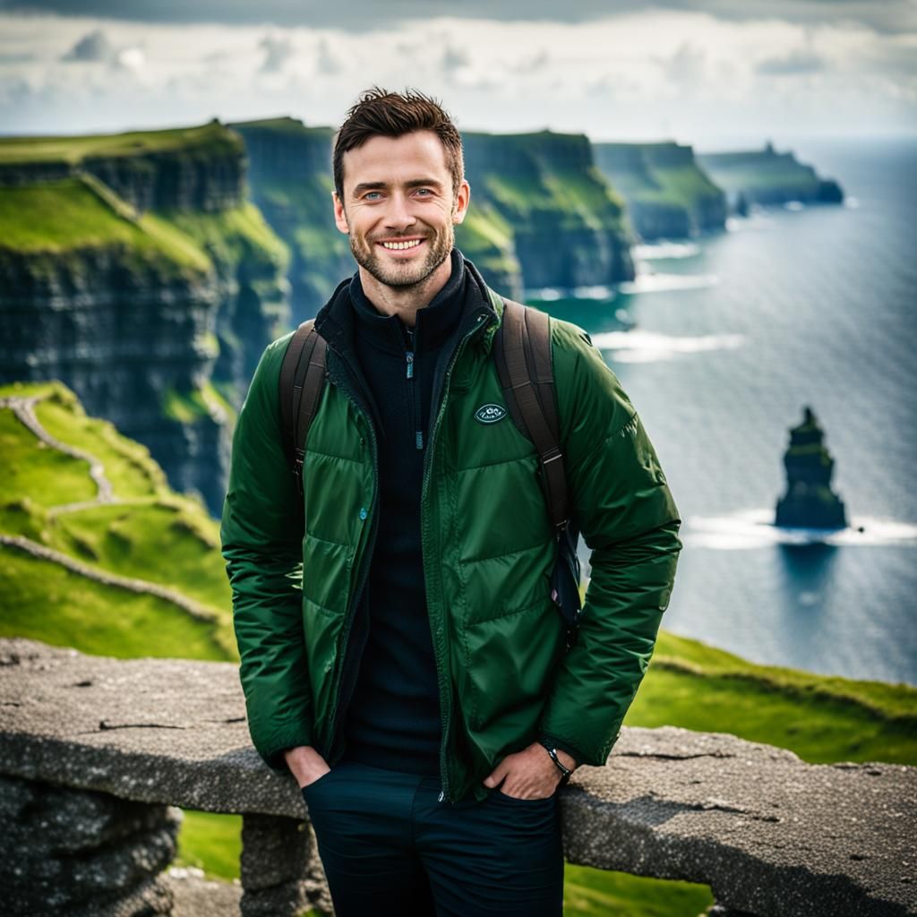 Man Smiling Before Cliffs of Moher: Professional Photo