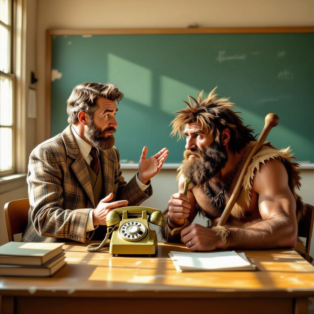 Teacher Explains Telephone to Confused Caveman in 1950s Clas...