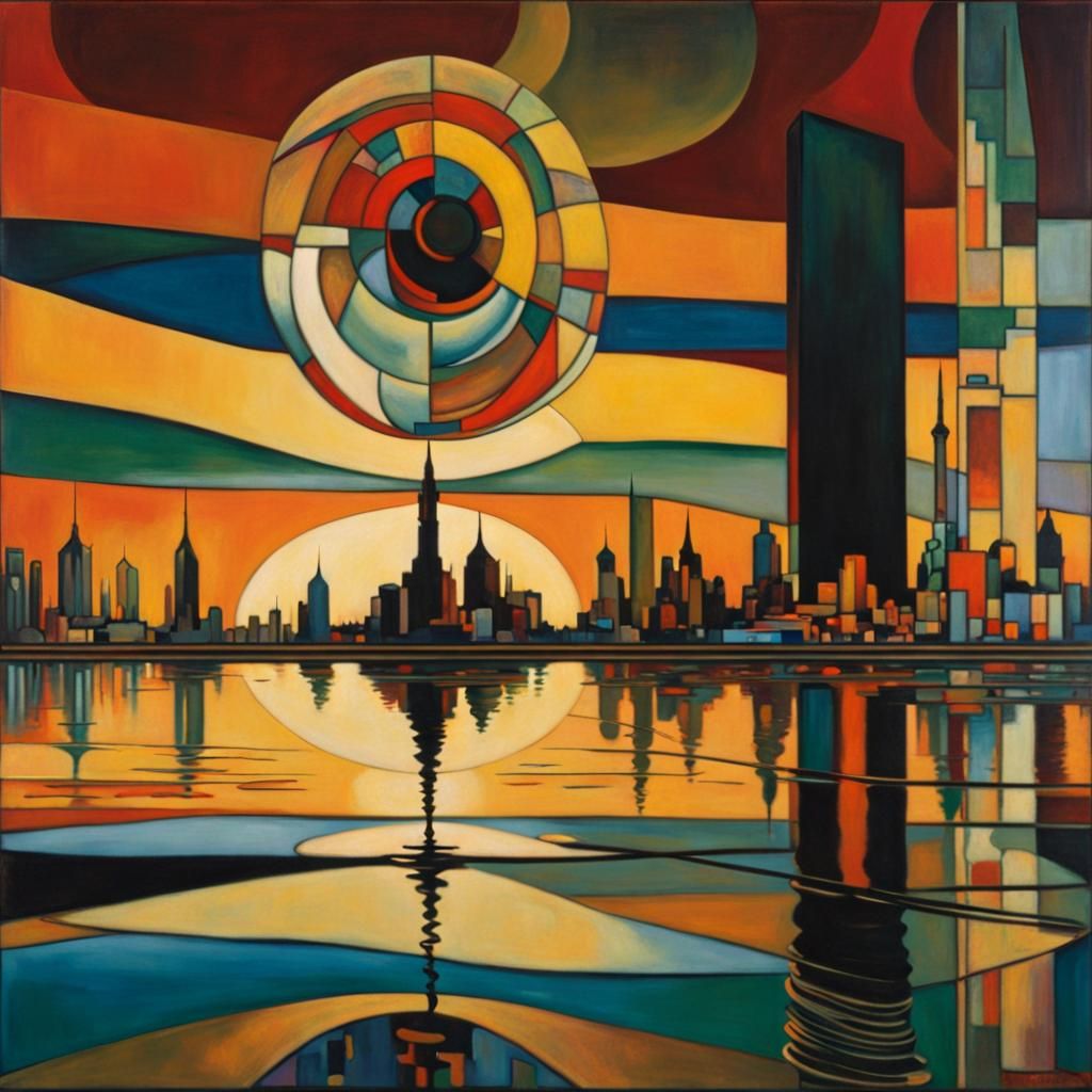 Futuristic Glass Skyline Sunrise: Kandinsky and Rockwell Sty...