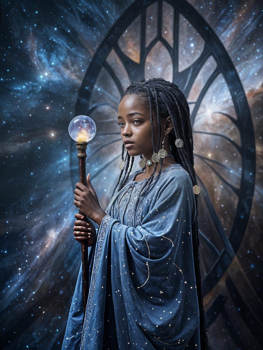 Celestial African Girl in Cosmic Nebula