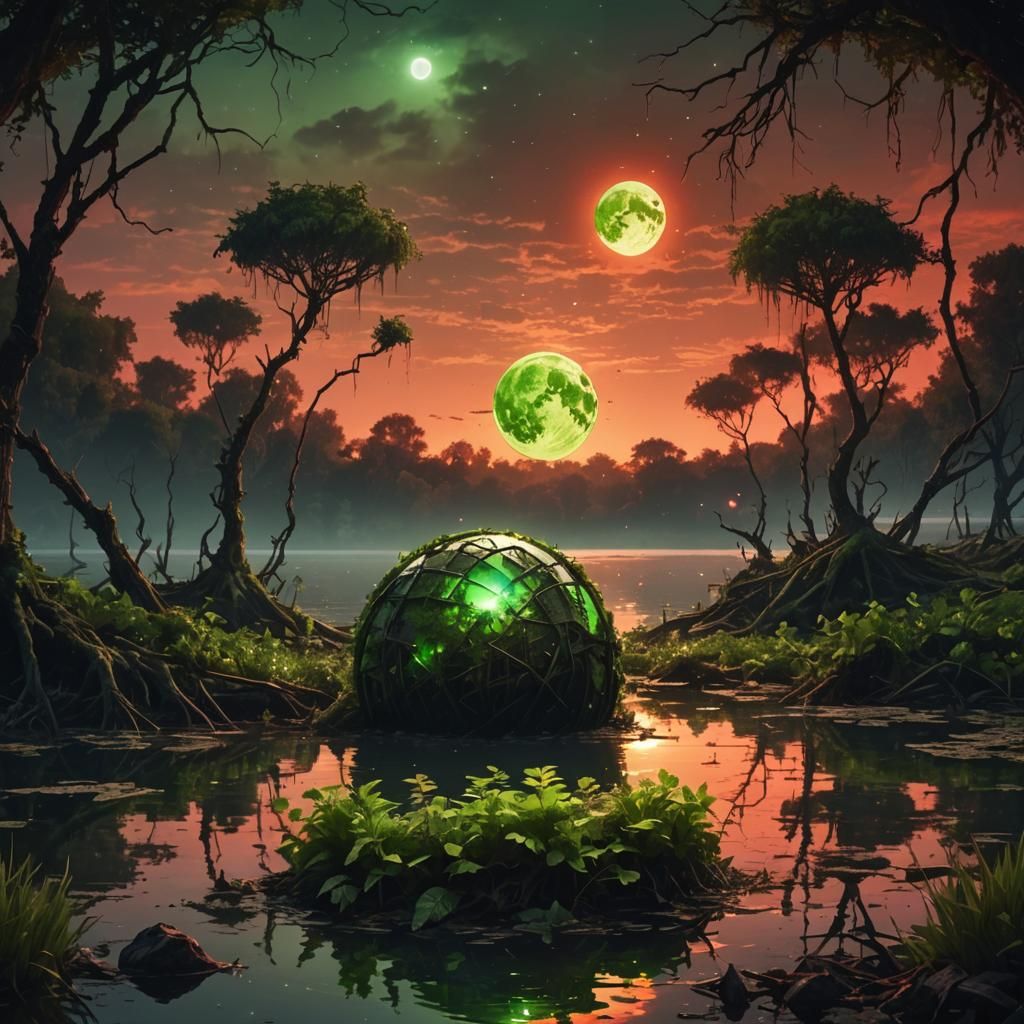 Glowing Plants Enveloping Ruined Orb at Sunset