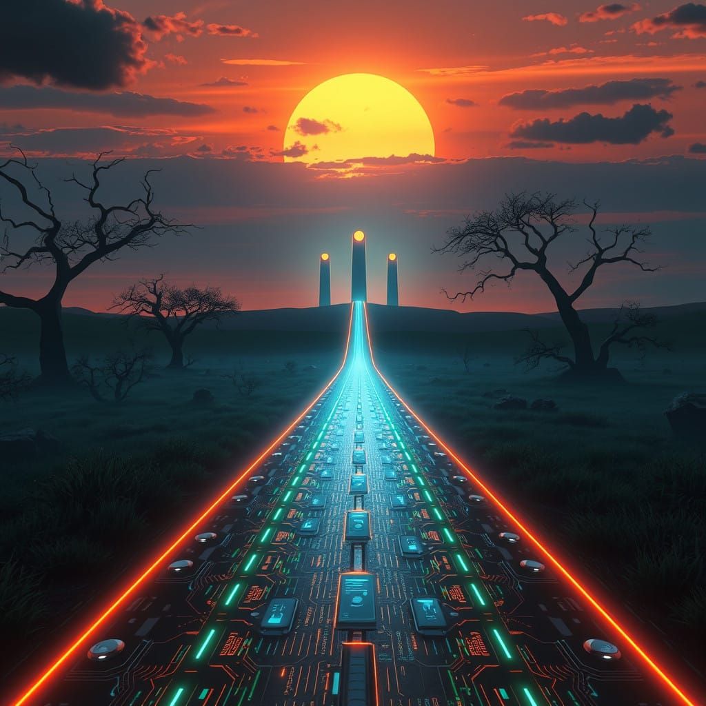 Hopeful Futuristic Pathway Unfolds Under Sunset Skies