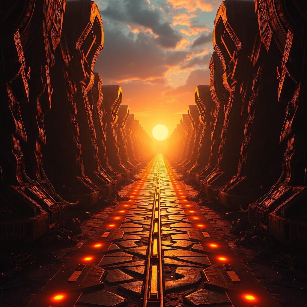 A Golden-Lit Pathway Unfolds in a Futuristic Landscape