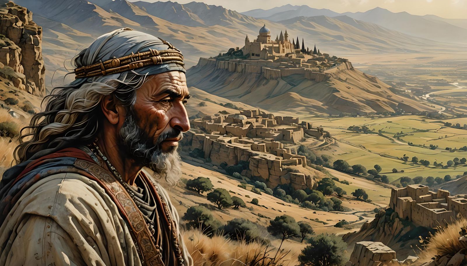 Arab King Overlooking Ancient Kingdom: Rackham-esque Detail