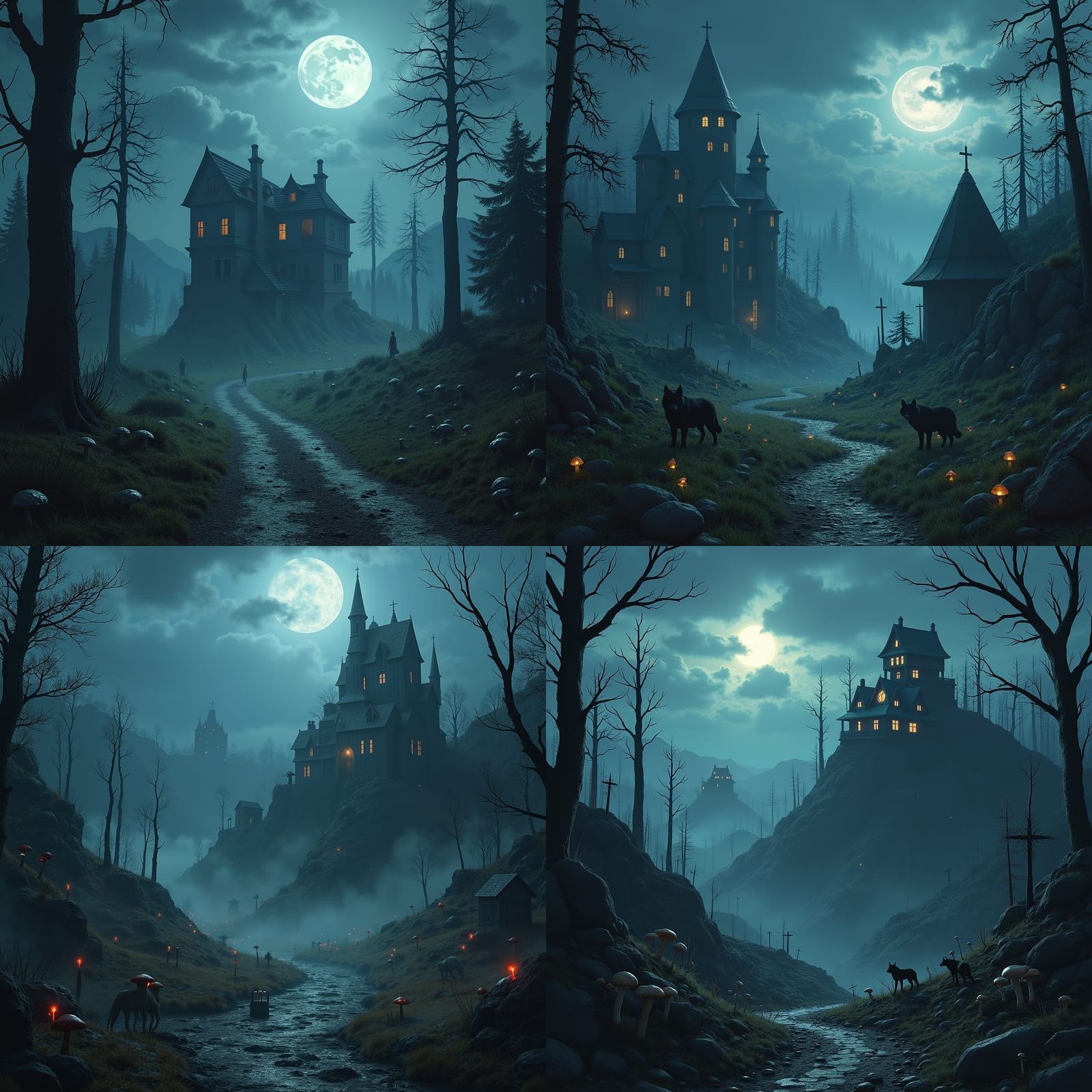 Eerie Town with Wolves at Night: Fantasy Concept Art