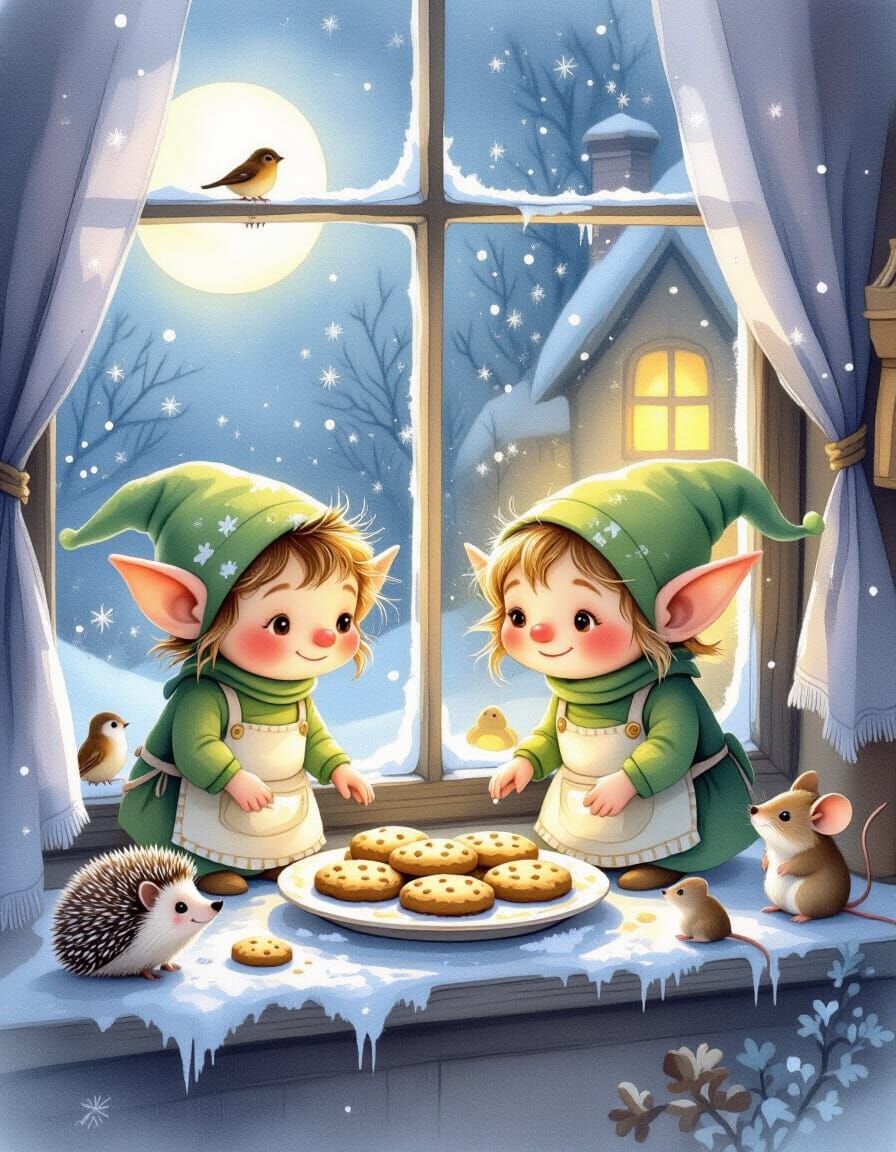 Kind Goblins Arrange Cookies on Frosty Windowsill in Waterco...