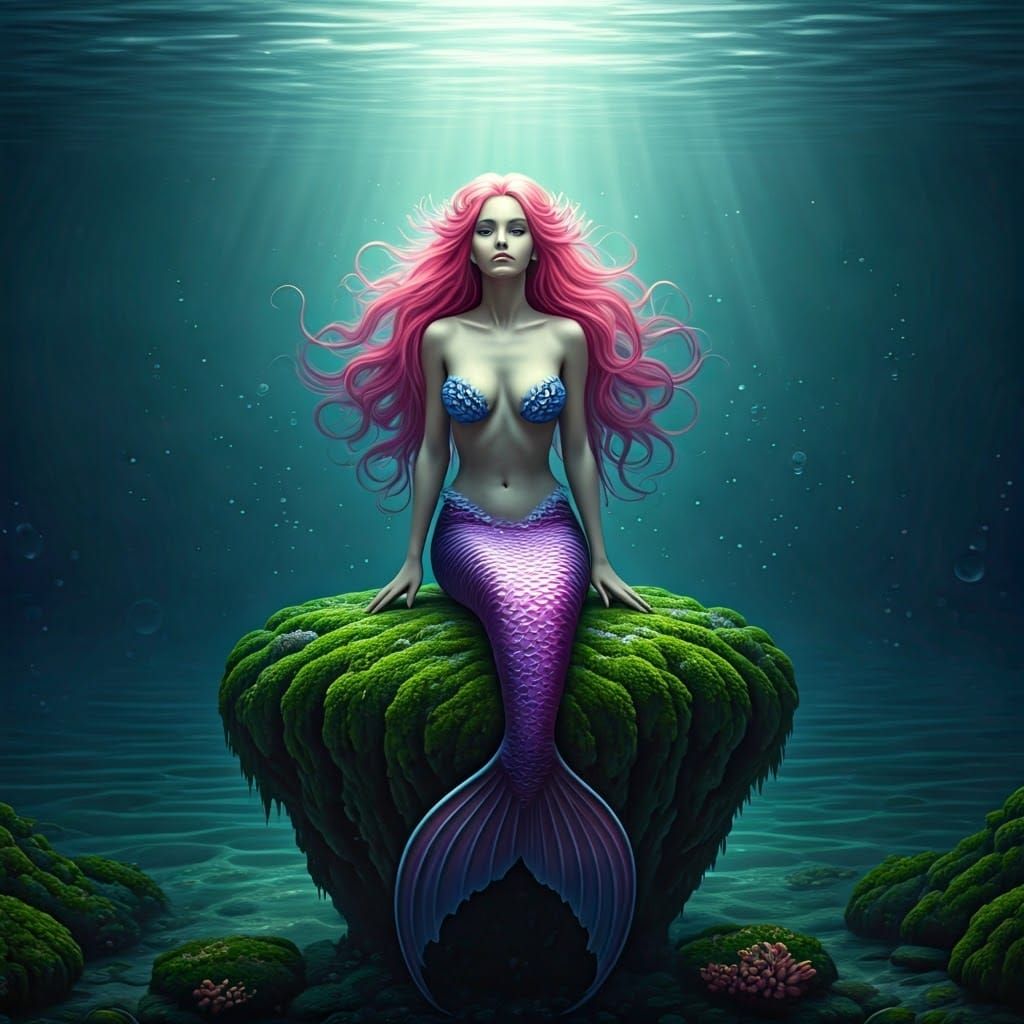 Mystical Mermaid with Pink Hair in Dreamlike Setting