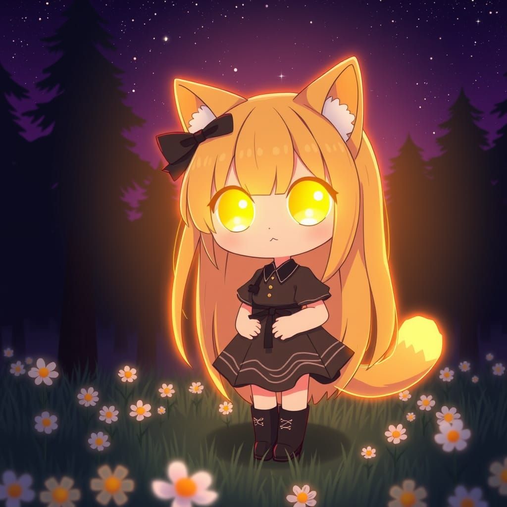 Chibi Catgirl Illuminates Dark Forest with Radiant Yellow Ey...