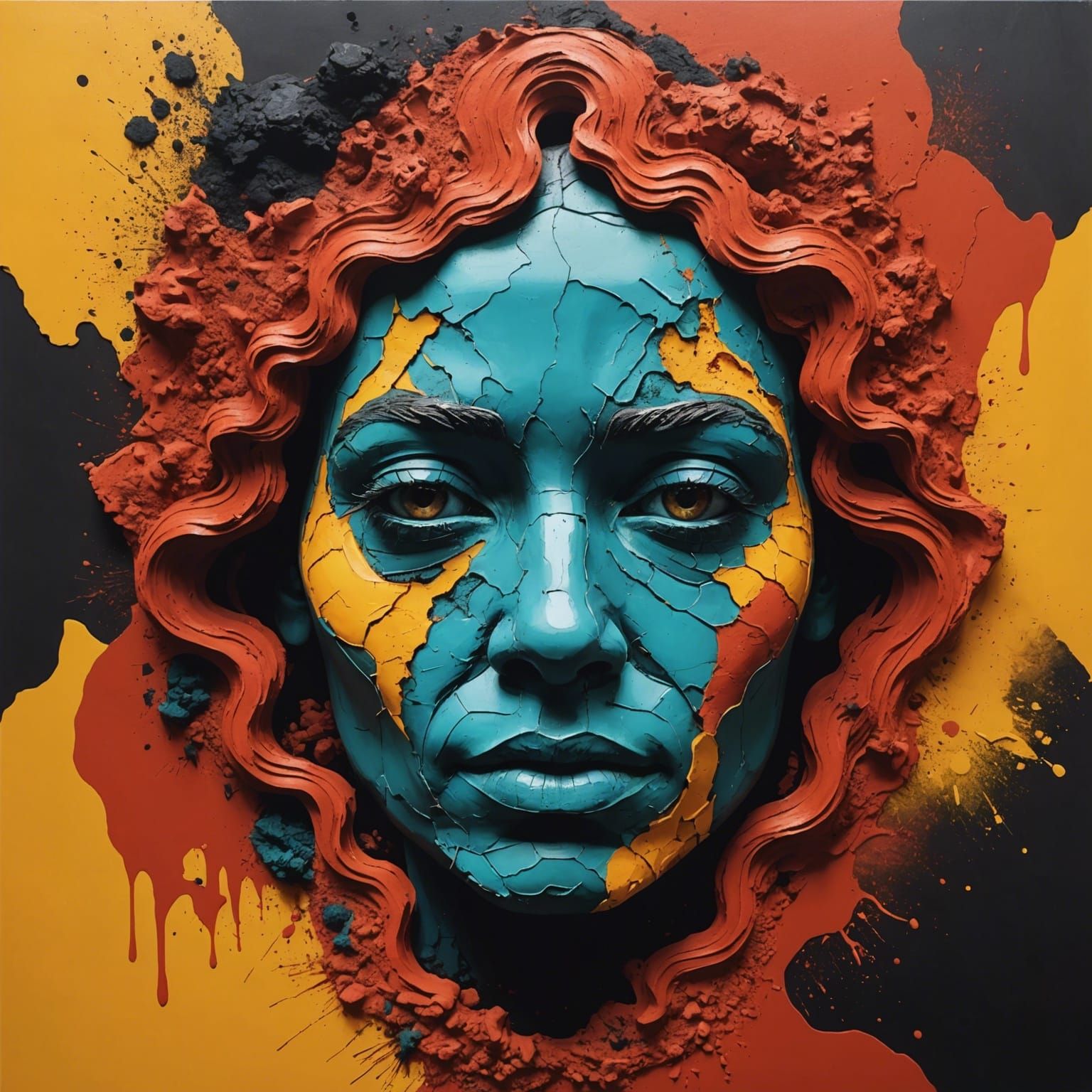 Volcanic Earth Face: Abstract Art in Complementary Colors