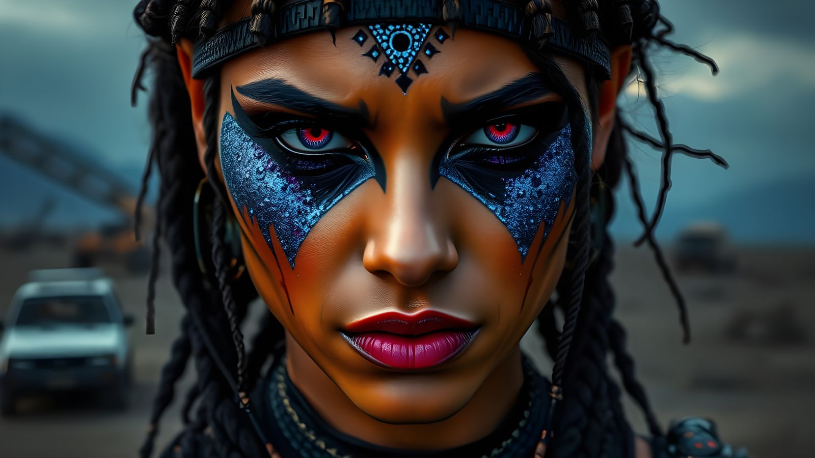 Gritty Warrior Goddess in Post-Apocalyptic Landscape