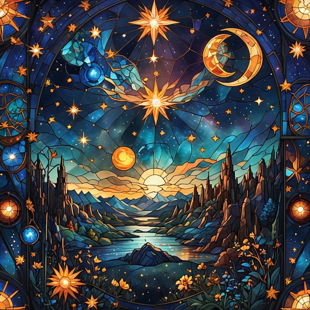 Stained Glass Celestial Night Sky in Deep Blues