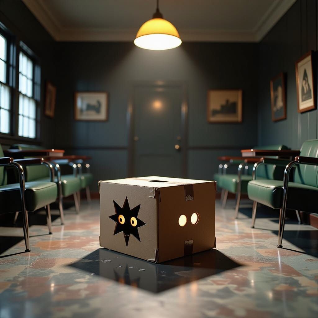 Eerie Retro Room with Cat in Box, Pop Surrealist Art