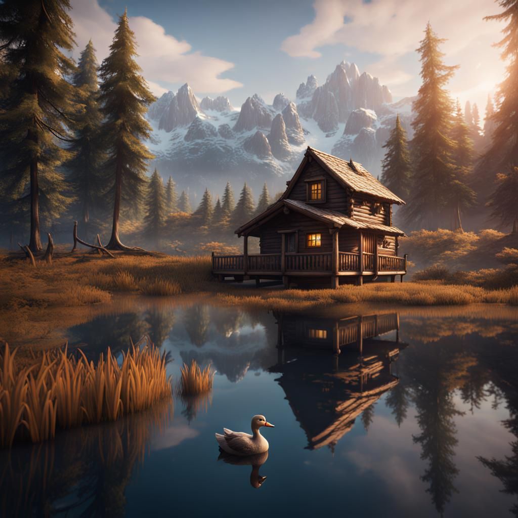 Cabin by Pond with Duck, Detailed Matte Painting