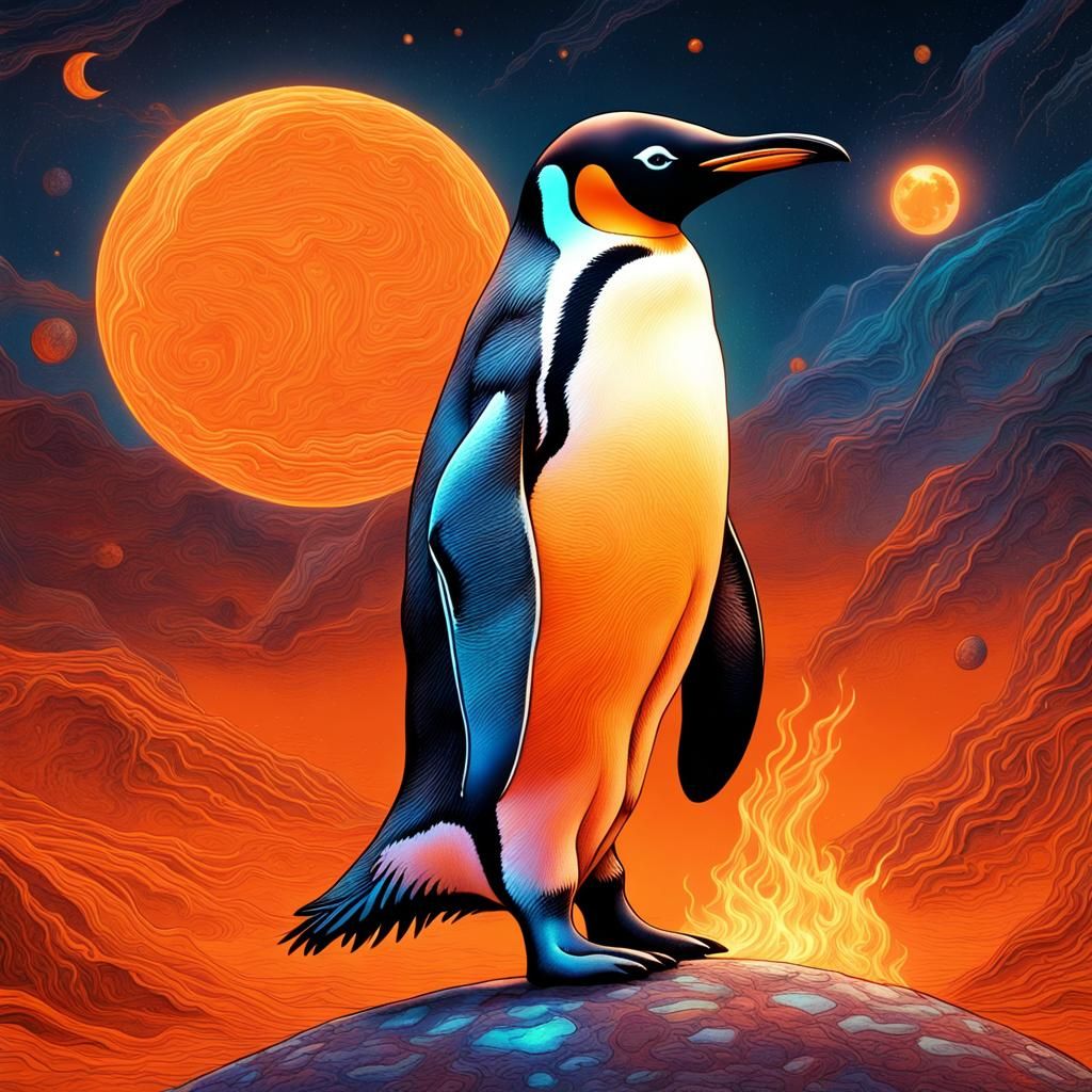 Penguin on Orange Moon Watching Burning Planet
