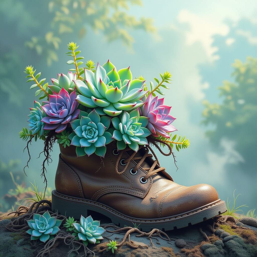 Succulents Overflowing from Shoe as Hyperdetailed Painting