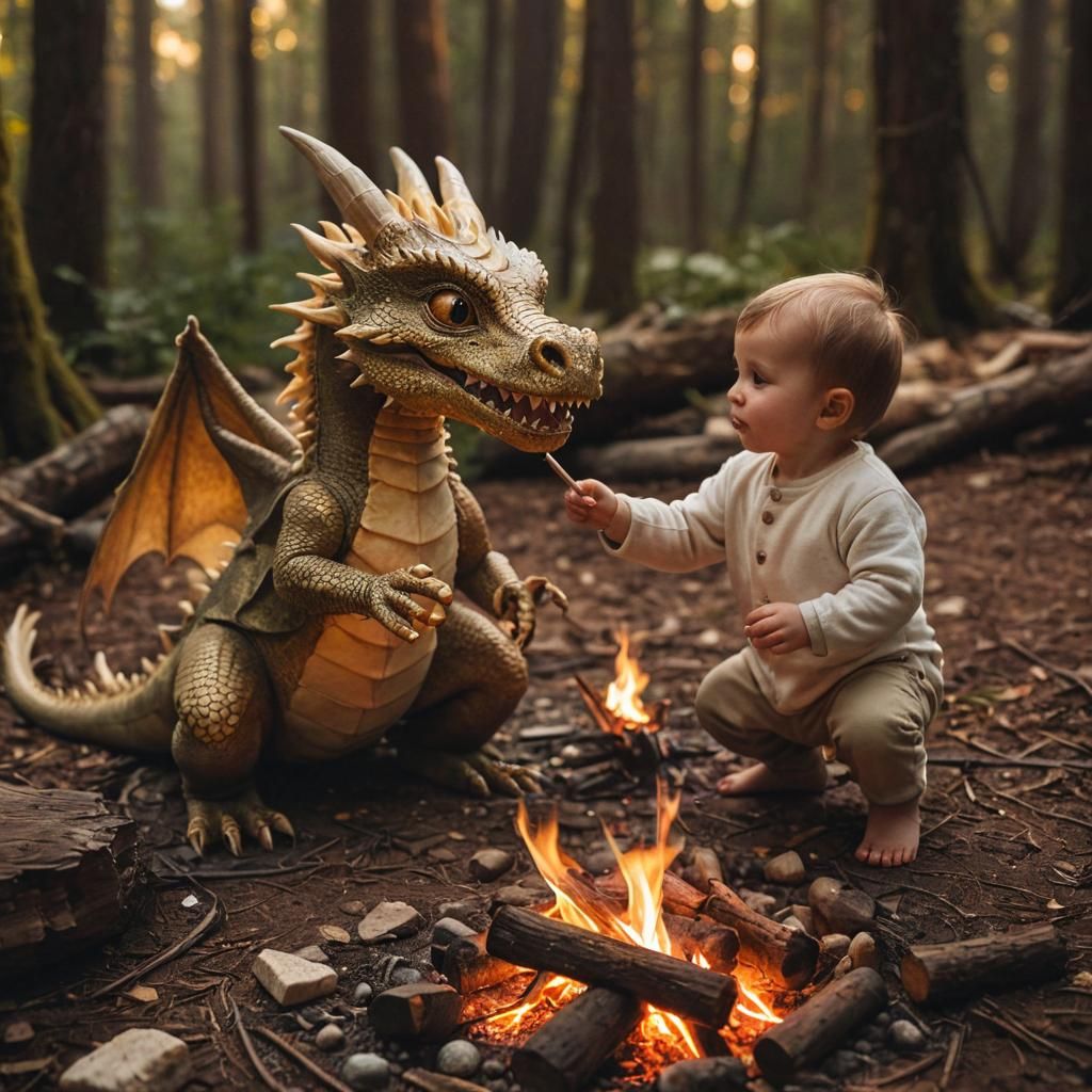 Adorable Dragon Baby Roasting Marshmallow in Mystical Forest