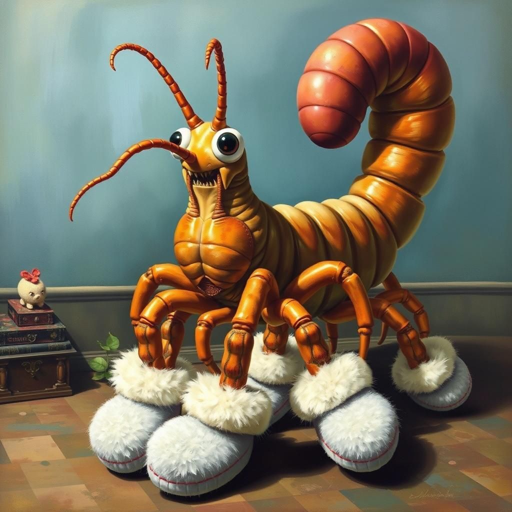 Giant Centipede in Slippers: Pop Surrealism Painting