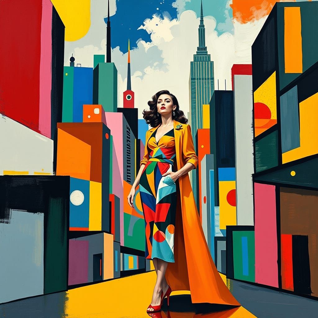 Kaleidoscopic Cityscape with Woman in Abstract Style