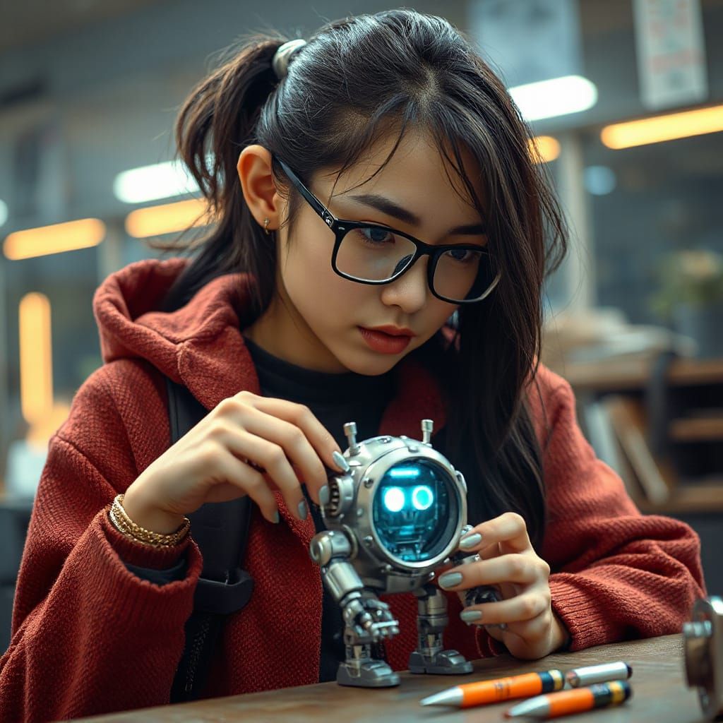 Epic Young Woman Tinkers with Tiny Robot in Maximalist Digit...