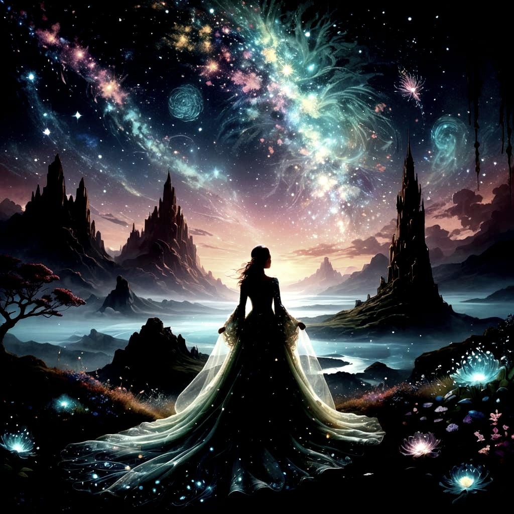 Enchanted Twilight Realm with Woman in Gown