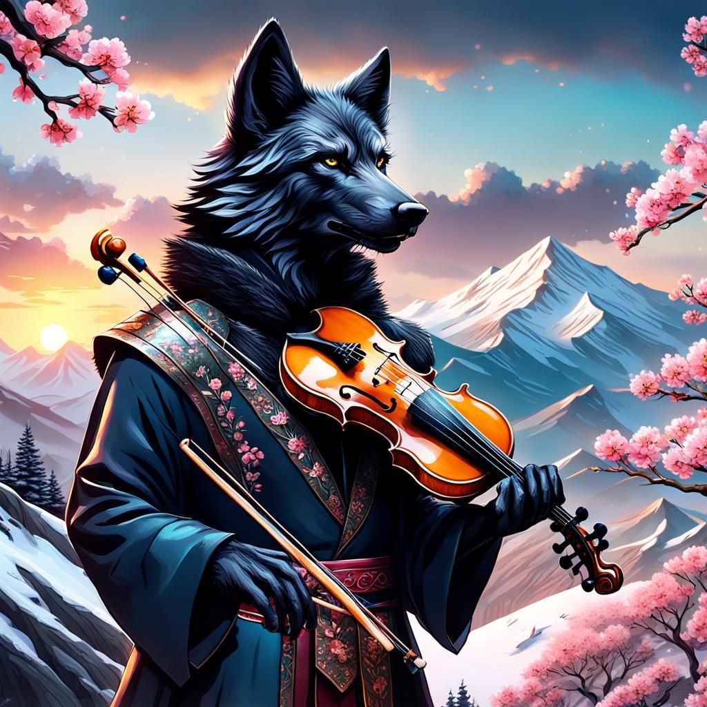 Wolf Violinist on Snowy Mountain in Digital Painting