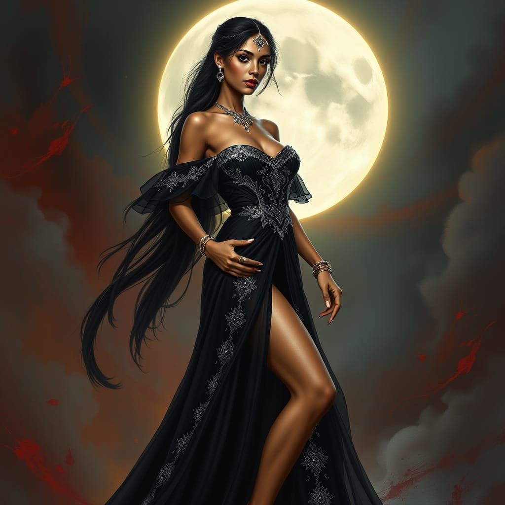 Peruvian Woman in Gothic Gown Under Full Moon