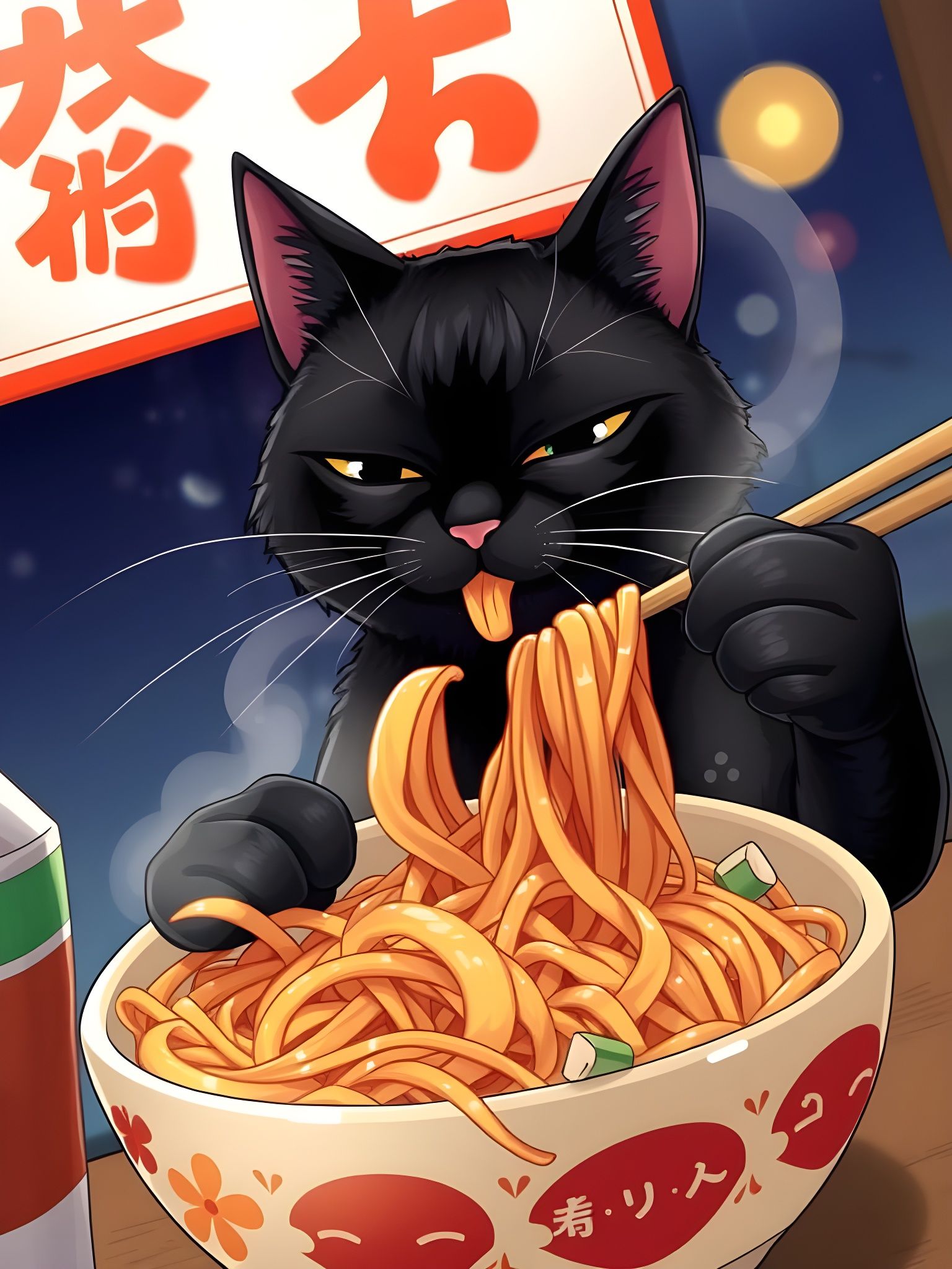 Anime-Inspired Cat Savoring Noodles in Tokyo