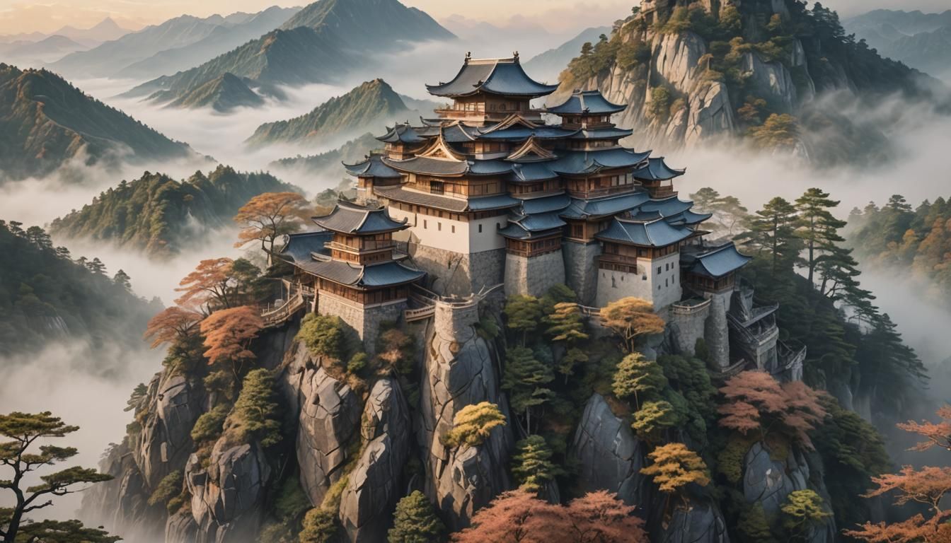 Japanese Castle atop Misty Mountain in HDR