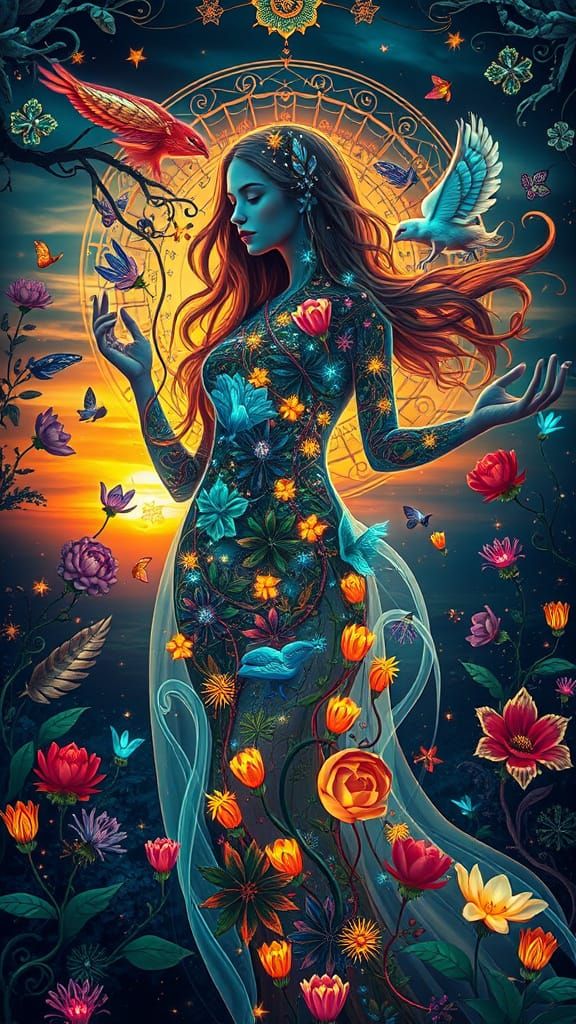 Dreamlike Encounter of Mystical Woman and Whimsical Landscap...