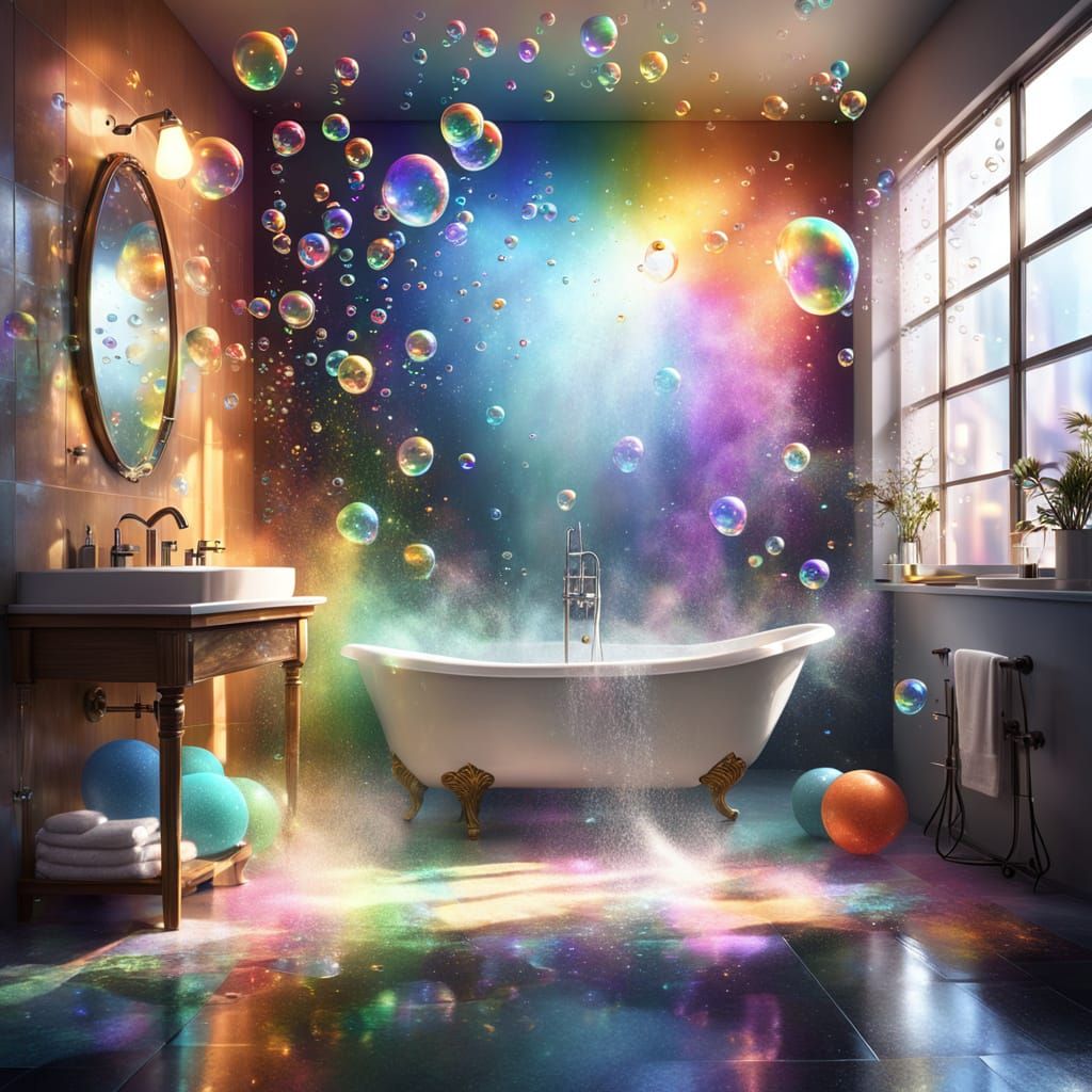 Playful Bathroom with Rainbow Mist and Floating Bubbles